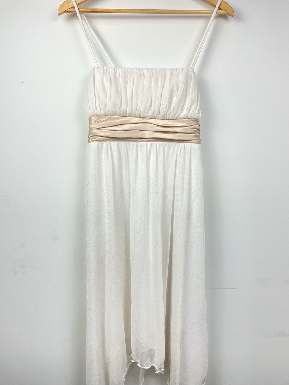 Jolie white glitter chiffon high-low cocktail dress, with gold satin sash size 8